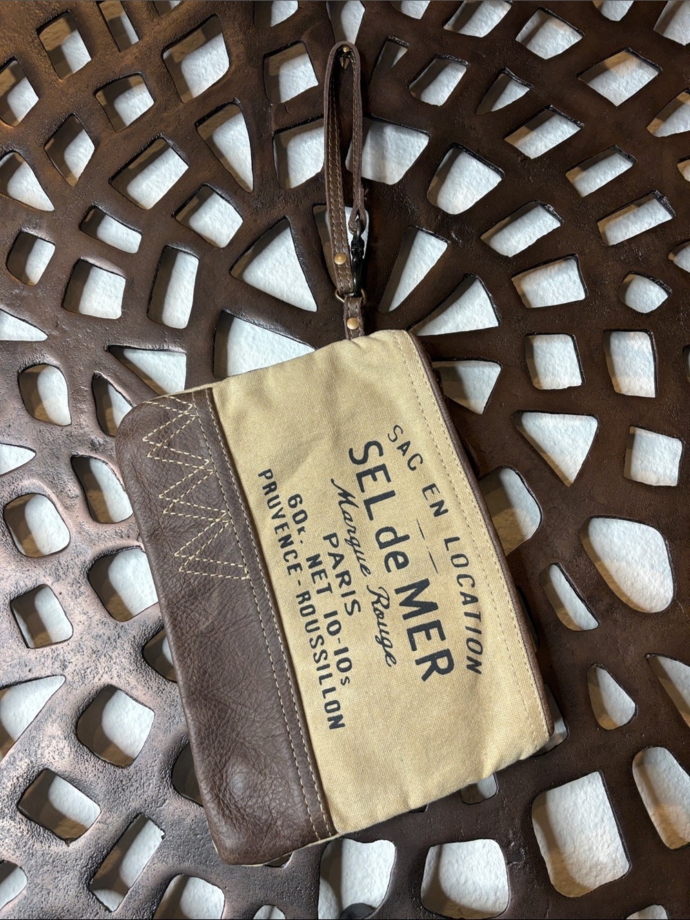 🤎 Myra Bag Sel de Mer Clutch Wristlet Wallet Tea Stained Canvas Leather Trim 🤎